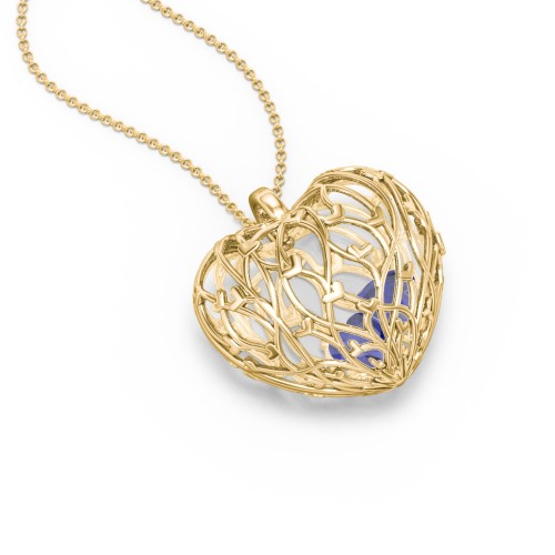 Organic Caged Hearts Pendant – 18K Gold Plated Silver with Blue Sapphire