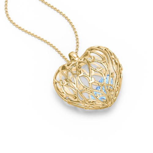 Organic Caged Hearts Pendant – 18K Gold Plated Silver with Blue Topaz