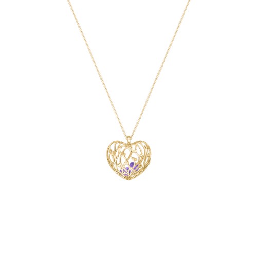 Organic Caged Hearts Pendant – 18K Gold Plated Silver with Amethyst