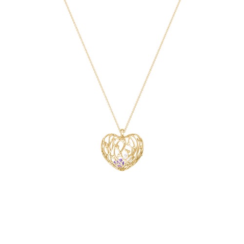 Organic Caged Hearts Pendant – 18K Gold Plated Silver with Amethyst and Cubic Zirconia