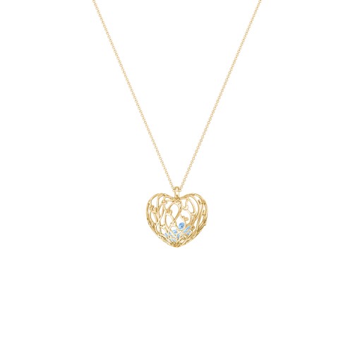 Organic Caged Hearts Pendant – 18K Gold Plated Silver with Blue Topaz
