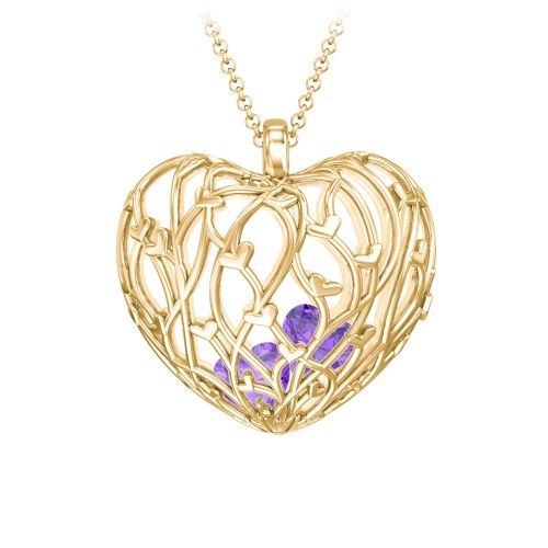 Organic Caged Hearts Pendant – 18K Gold Plated Silver with Amethyst