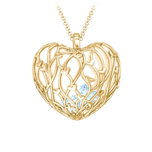 Organic Caged Hearts Pendant – 18K Gold Plated Silver with Aquamarine
