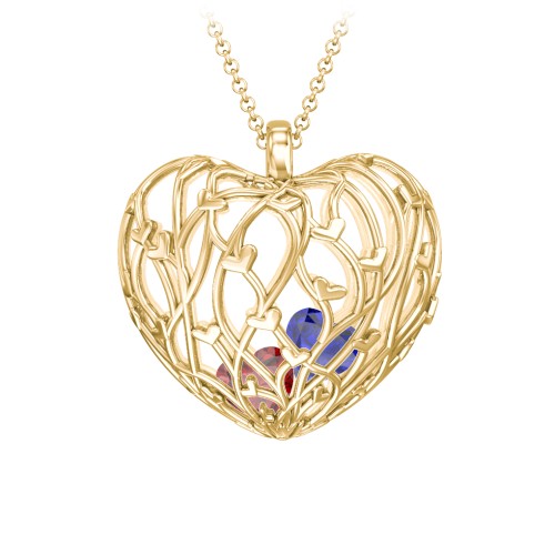 Organic Caged Hearts Pendant – 18K Gold Plated Silver with Garnet and Blue Sapphire