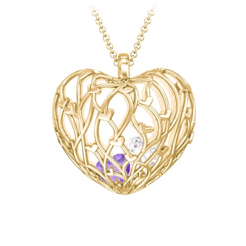 Organic Caged Hearts Pendant – 18K Gold Plated Silver with Amethyst and Cubic Zirconia