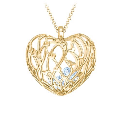 Organic Caged Hearts Pendant – 18K Gold Plated Silver with Aquamarine