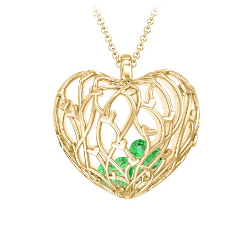 Organic Caged Hearts Pendant – 18K Gold Plated Silver with Emerald
