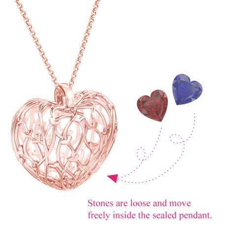 Organic Caged Hearts Pendant – 10K Rose Gold with Garnet and Blue Sapphire
