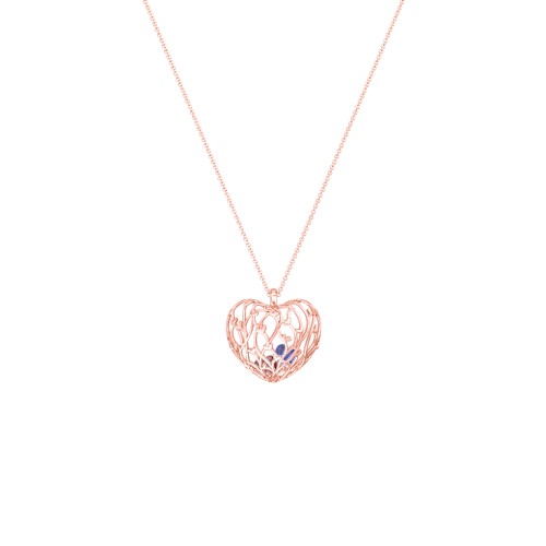 Organic Caged Hearts Pendant – 10K Rose Gold with Garnet and Blue Sapphire