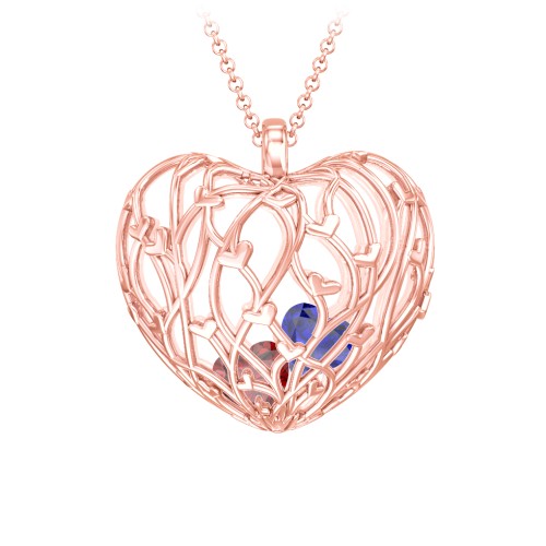 Organic Caged Hearts Pendant – 10K Rose Gold with Garnet and Blue Sapphire