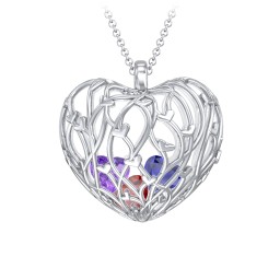 Organic Caged Hearts Pendant in 925 Sterling Silver with Garnet, Blue Sapphire, and Amethyst