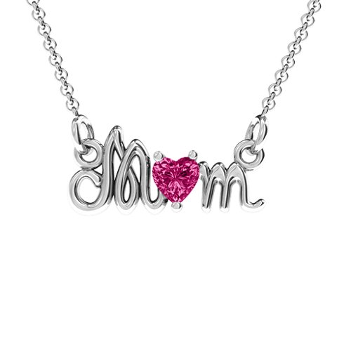 Sterling Silver Graceful Mom Heart Birthstone Pendant with Ruby (Simulated) Stone