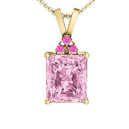 Emerald Cut Solitaire with Accents Pendant in 18K Gold Plated Silver with Fancy Pink Premium Zirconia and Pink Tourmaline