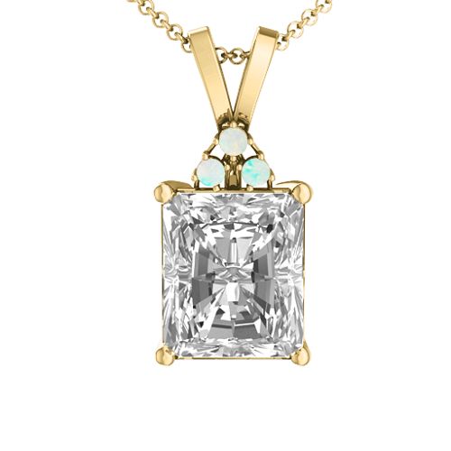 Emerald Cut Solitaire with Accents Pendant – 18K Gold Plated Silver with White Premium Zirconia and Opal