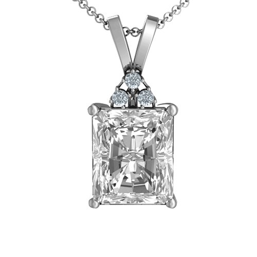 Emerald Cut Solitaire with Accents Pendant – Sterling Silver with White Premium Zirconia and Cubic Zirconia