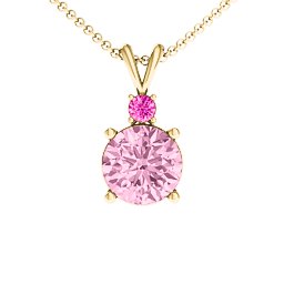 Graceful Round Solitaire with Accent Pendant in 18K Gold Plated Silver with Fancy Pink Premium Zirconia and Pink Tourmaline