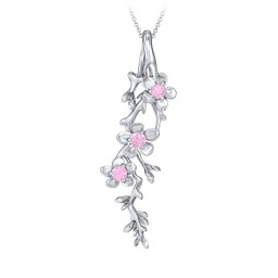 Cherry Blossoms in Bloom Branch Pendant in 925 Sterling Silver with Pink Sapphire, Cubic Zirconia, and Blue Sapphire