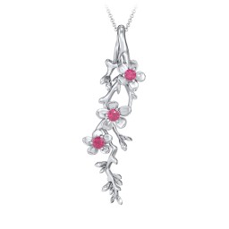 Cherry Blossoms in Bloom Branch Pendant in 925 Sterling Silver with Ruby, Cubic Zirconia, and Blue Sapphire