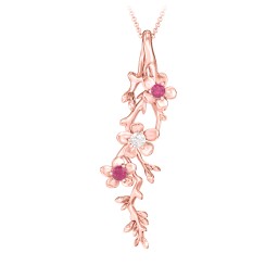 Cherry Blossoms in Bloom Branch Pendant in 10K Solid Rose Gold with Ruby, Cubic Zirconia, and Blue Sapphire