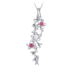 Cherry Blossoms in Bloom Branch Pendant – Sterling Silver with Ruby and Cubic Zirconia