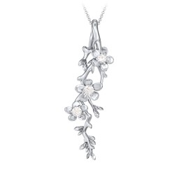 Cherry Blossoms in Bloom Branch Pendant in 925 Sterling Silver with Cubic Zirconia and Blue Sapphire