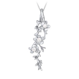 Cherry Blossoms in Bloom Branch Pendant in 925 Sterling Silver with Diamond, Cubic Zirconia, and Blue Sapphire