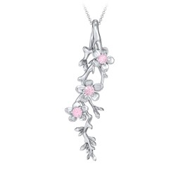 Cherry Blossoms in Bloom Branch Pendant in 925 Sterling Silver with Pink Tourmaline, Cubic Zirconia, and Blue Sapphire