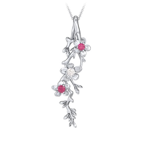 Cherry Blossoms in Bloom Branch Pendant – Sterling Silver with Ruby and Cubic Zirconia