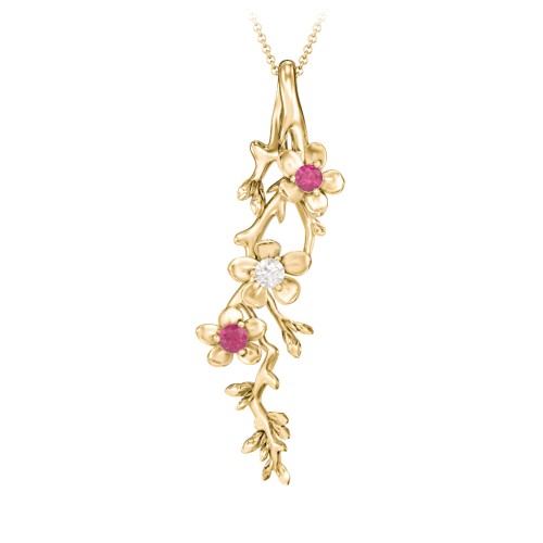 Cherry Blossoms in Bloom Branch Pendant – 10K Yellow Gold with Ruby and Cubic Zirconia