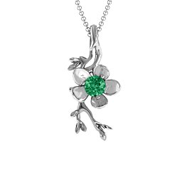 Cherry Blossom in Bloom Flower Pendant in 925 Sterling Silver with Emerald