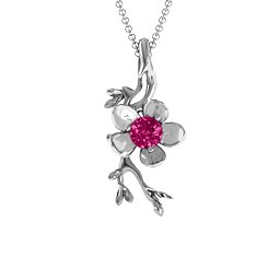 Cherry Blossom in Bloom Flower Pendant in 925 Sterling Silver with Ruby