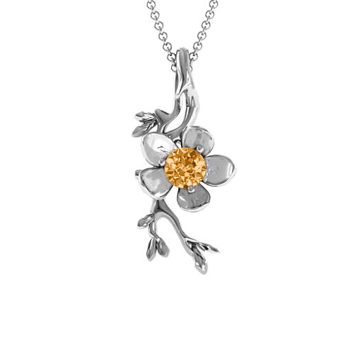 Cherry Blossom in Bloom Flower Pendant – Sterling Silver with Citrine