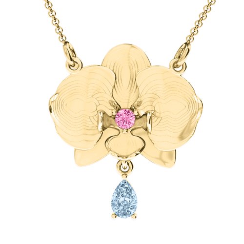 Orchid and Pear Drop Pendant – 10K Yellow Gold with Pink Tourmaline and Aquamarine