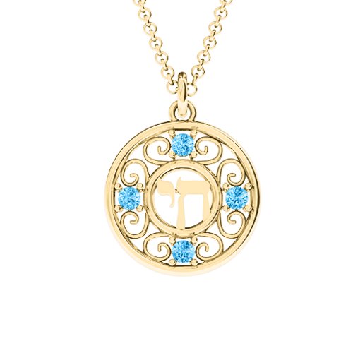 Chai and Stones Pendant – 10K Yellow Gold with Blue Topaz