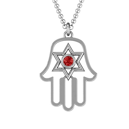 Hamsa with Star of David Pendant – Sterling Silver with Garnet