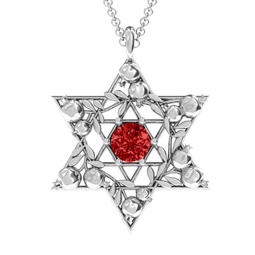 Pomegranate Branch Star of David Pendant – Sterling Silver with Garnet