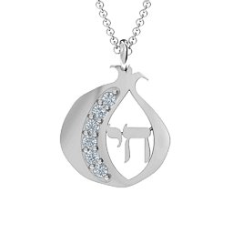 Pomegranate with Chai Pendant in 925 Sterling Silver with Diamond