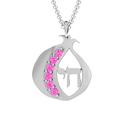 Pomegranate with Chai Pendant in 925 Sterling Silver with Pink Tourmaline