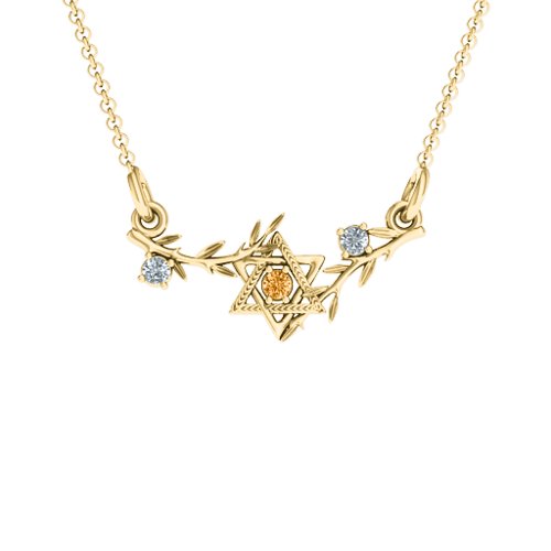 Star of David with Olive Branches Pendant – 10K Yellow Gold with Citrine and Cubic Zirconia