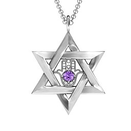 Star of David with Hamsa Pendant in 925 Sterling Silver with Amethyst