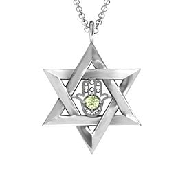 Star of David with Hamsa Pendant in 925 Sterling Silver with Peridot