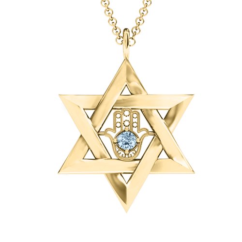 Star of David with Hamsa Pendant – 14K Yellow Gold with Aquamarine