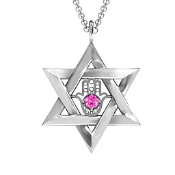 Star of David with Hamsa Pendant in 925 Sterling Silver with Pink Tourmaline