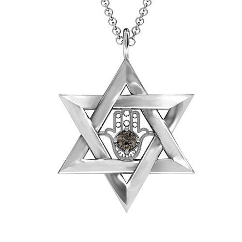 Star of David with Hamsa Pendant – Sterling Silver with Smokey Quartz