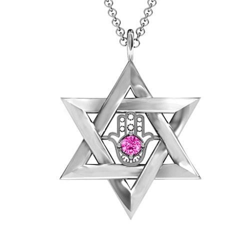 Star of David with Hamsa Pendant – Sterling Silver with Pink Tourmaline