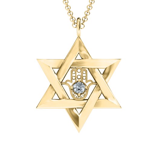 Star of David with Hamsa Pendant – 10K Yellow Gold with Cubic Zirconia