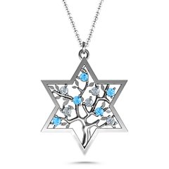 Tree of Life in Star of David Pendant – Sterling Silver with Blue Topaz and Cubic Zirconia