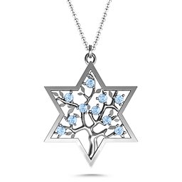 Tree of Life in Star of David Pendant in 925 Sterling Silver with Aquamarine