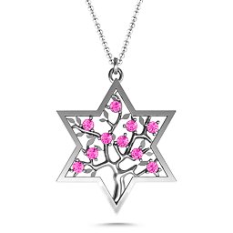Tree of Life in Star of David Pendant in 925 Sterling Silver with Pink Tourmaline