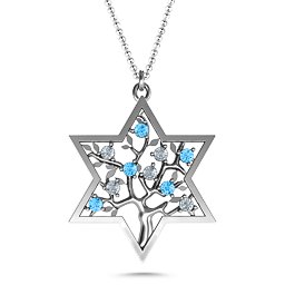 Tree of Life in Star of David Pendant in 925 Sterling Silver with Blue Topaz and Cubic Zirconia